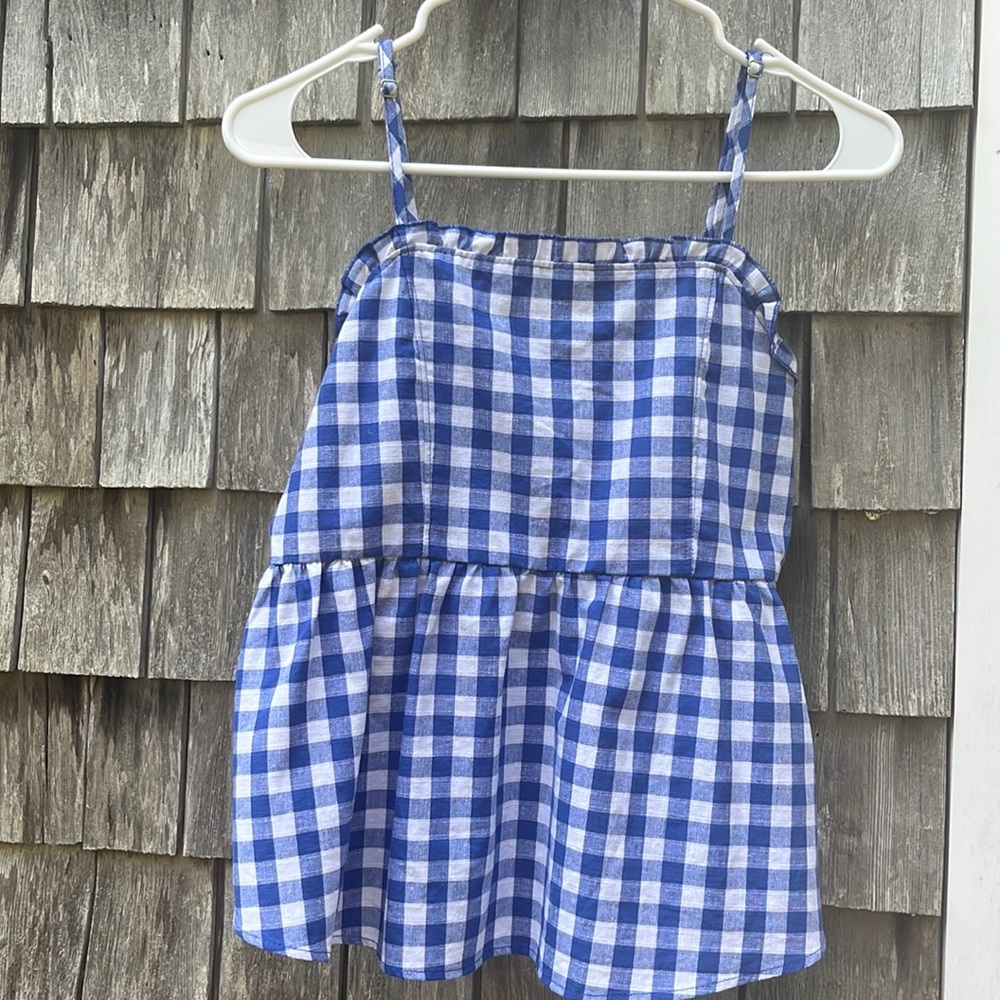 Checkered Gingham Blue and White Flowy Tank Top with Smocking on Back